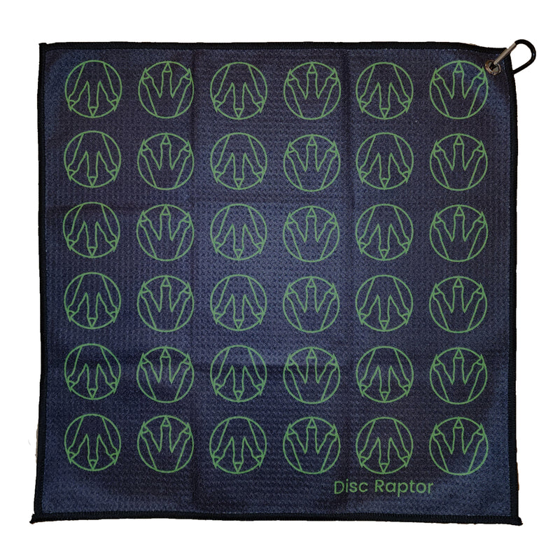 Disc Raptor waffle towel with clip. Front-Black / Back-Green