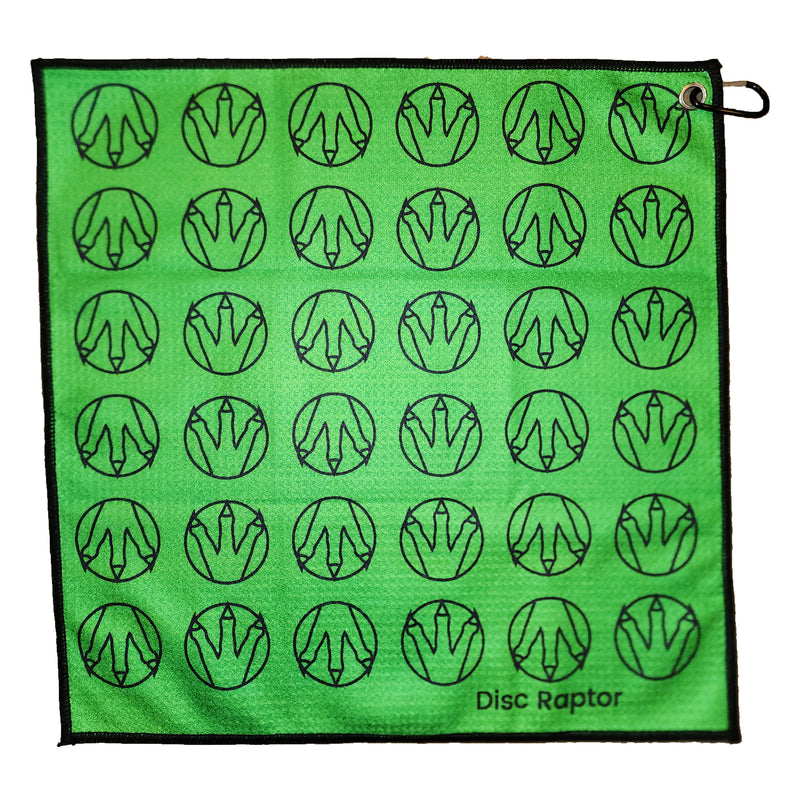 Disc Raptor waffle towel with clip. Front-Black / Back-Green